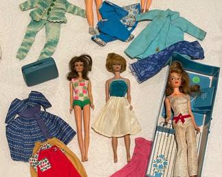 Vintage 1960’s Tammy & Pepper Dolls, Vintage 1960’s Barbie, Francie and Posin’ Misty Doll in Telephone Booth, Vintage Homemade Barbie Clothes