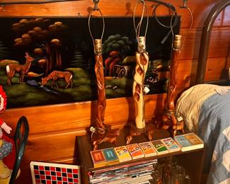 MORE HAND CARVED LAMPS BASES, PLUS A FABULOUS PAINTING ON BLACK VELVET!