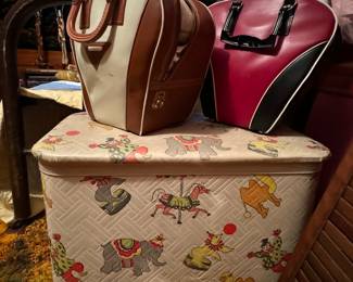 CUTEST EVER TOY CHEST ALL ORIGINAL! PLUS VINTAGE BOWLING BALLS AND SHOES