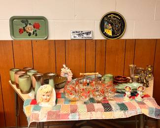 VINTAGE QUILTS, STONEWARE, POTTERY, GLASSWARE AND MORE