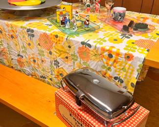 VINTAGE WOOD AND STEEL PICNIC TABLE, RETRO CHAFING DISH, FABULOUS TRAY AND SO MUCH MORE