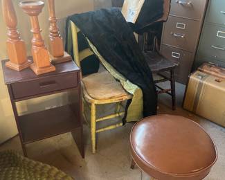 ANTIQU EBUGGY BLANKETS FUR AND WOOL , PLUS VINTAGE CHAIRS, SUITCASES, AND MORE