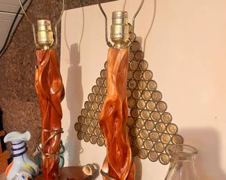 HAND CARVED CEDAR WOOD LAMPS AMDE IN NORTH DAKOTA SIGNED ON BASE WITH ALL INFO ON PROVENANCE