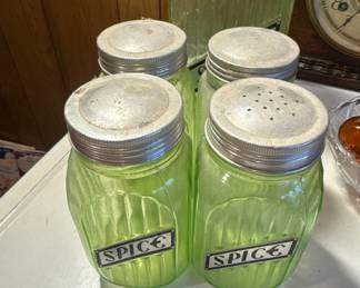 ANTIQUE GREEN DEPRESSION GLASS SPICE SET