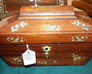 Small Rosewood Tea Caddy with Mother of Pearl Inlay   See Next Picture