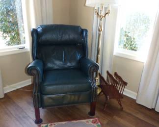 Leather Recliner, Vintage Hooked Rug, Brass Floor Lamp