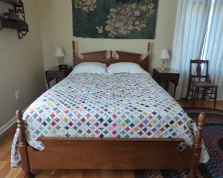 Queen Maple Bed, "Cathedral Window" Hand Sewn Quilt, hand-hooked rug on wall
