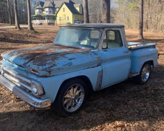 1965 Chevy Short Bed, Stepside 350 V8 Three Speed Transmission.  Left in barn over 30 years.  Runs, Drives & Stops.  SEE NEXT 2 PICS