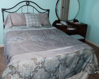 Full sized decorative Metal headboard and bedframe. Many luxury linens available in full size, queen and twin.