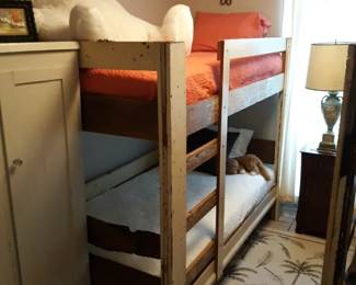 Two sets of Rustic style Bunk Beds, also convertible to (4)single twin beds. High quality mattresses in each. Great for a hunting lodge or boys room