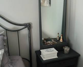 Unusual mirror and wood base Furniture item can be used in multiple areas of your home. Painted an appealing neutral flat grey.