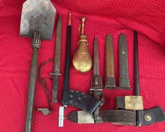 Vtg. Military Weapons Tools German Belt Buckle Einigkeit Recht Freiheit w Knife Metal Sheath