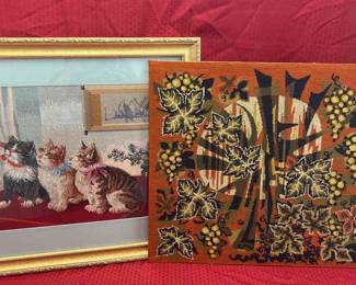 Vintage 3 Beautiful Cats Needlepoint And Mid Century Modern Needlepoint 