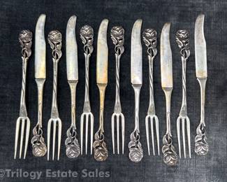 Antique Set Of Six 800 Silver Rose-Handled Dessert Forks And Knives 135.2dwt