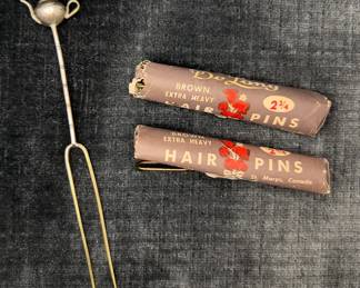Antique Silver Plated Teapot Hair Fork Kanzashi Ornament And Two Vintage Packages Of Hair Pins