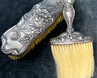 Two Art Nouveau Repousse Sterling Silver Handled Brushes
