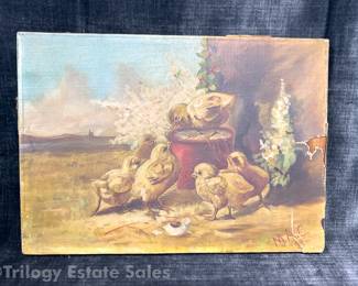 Charming 1896 Painting Of Chicks Signed M.A.C.   - AS IS - `
