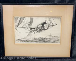 Yngve Edward Soderberg Signed Etching Of Yacht Racing Sailors On Rail "Stormy Weather"