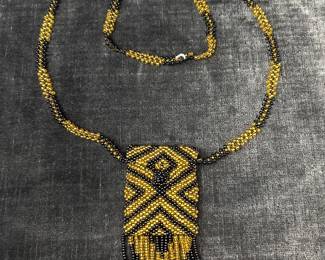 Vintage Art Deco Flapper Purse Necklace, Black And Gold Colored Glass Beads