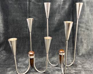 MCM 1960s Scandinavian Stainless Steel And Rosewood Candelabras