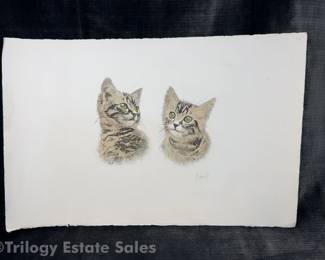 Signed Hand Colored Etching Of Tabby Cats