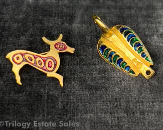 Two Vintage Brooches Sphinx Deer With Red Enamel And Duck With Green Enamel