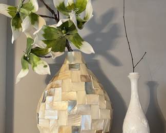 Shell mosaic and milk glass vases