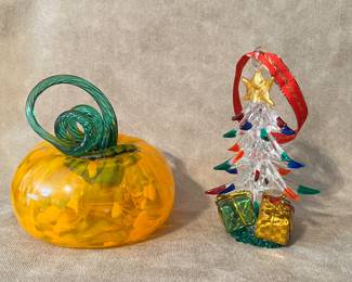 Handblown glass pumpkin and tree ornament