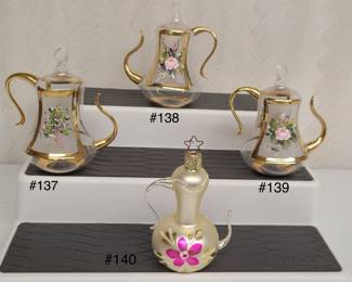 Vintage 24k gold tea kettle ornaments and vintage white glass ornament
