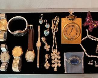 vintage watches including Bulova, Timex, Citizen, Gruen and Waltham, antique Waltham watch, various rhinestone jewelry pieces