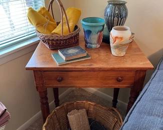 vintage spindle leg side table, Nemaji and other pottery