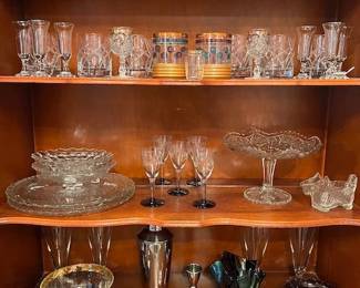 Mikasa Windlass old fashioned glasses, Tarentum heart thumbprint cordial glasses, various vintage glass pieces