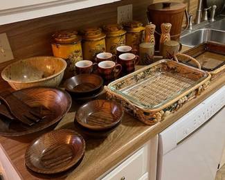 Woodenware salad set, Texas Ware bowl, vintage stoneware, wicker pyrex casserole dishes, vintage cannister set and ice bucket