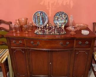 Pink "Cherry Blossom" Depression Glass, Mexican nativity, Chartres Cathedral Stained Glass plates