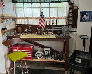 work table with vice, vintage workshop stool, various tools