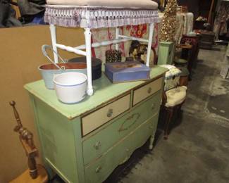 Antique painted dresser, antique vanity bench
