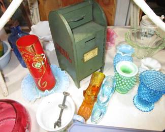 Antique bank, Fenton hobnail, glassware