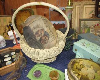 Antique wicker, celluloid boxes