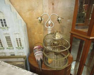 Antique bird cage, lamp and more