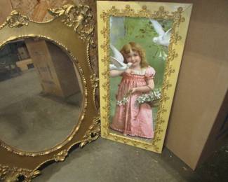 Antique mirror and framed art