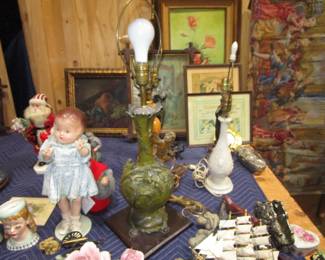 Antique lamps, dolls, head vases, art, more