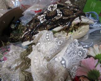 Bins and bins and bins of vintage/antique trim, appliques, beads, lace, more trims