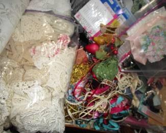 Bins and bins and bins of vintage/antique trim, appliques, beads, lace, more trims