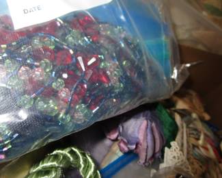 Bins and bins and bins of vintage/antique trim, appliques, beads, lace, more trims