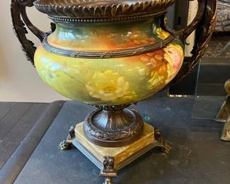 22. Ceramic Footed Urn w/ Metal Detail (15" x 12" x 16")