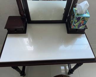 45. Antique Stone Top Vanity and Chair w/ Animal Print Upholstery (32" x 18" x 53")