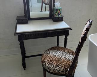 45. Antique Stone Top Vanity and Chair w/ Animal Print Upholstery (32" x 18" x 53")