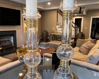 15. Pair of Glass Candle Holders w/ Brass Detail (7" x 26")
