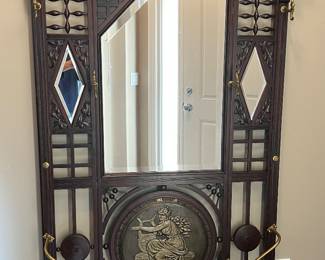 79. Stick & Ball Hall Tree w/ Embossed Leather Shield & Beveled Mirror (39"x 9"x 80")