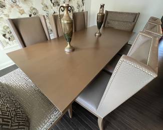 1. Contemporary Dining Table (96" x 48" x 30")
2. Set of Six Ostrich Embossed Dining Chairs w/ Nailhead Detail (25" x 26" x 46")